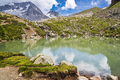 Scenic view of lake and mountains against sky