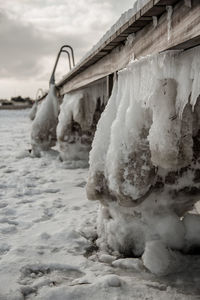 Close-up of icicles on beach against sky during winter