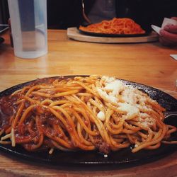 High angle view of food in plate on table