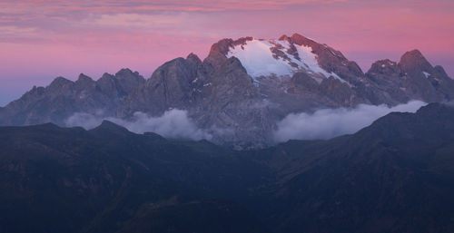 Scenic view of snowcapped mountains against sky during sunset