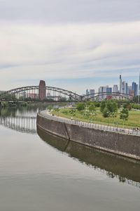 Bridge over river against sky in city