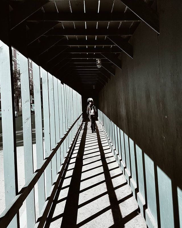 railing, built structure, architecture, low angle view, connection, the way forward, bridge - man made structure, indoors, steps, diminishing perspective, pattern, staircase, metal, steps and staircases, footbridge, walking, day, silhouette