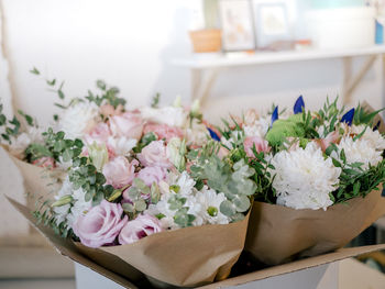 Close-up of flower bouquets at florist atelier 