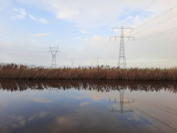 Reflection of electricity pylon in lake against sky