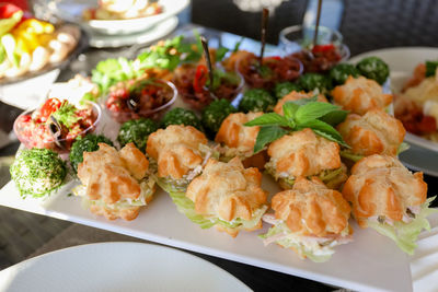 High angle view of meal served on table