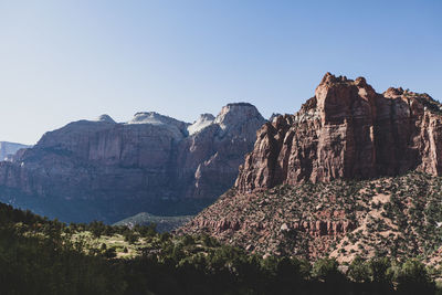 Panoramic view of rocks and mountains against clear sky