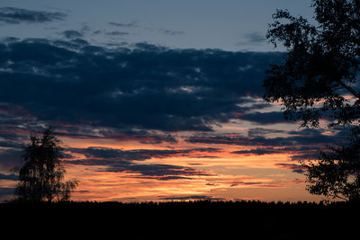 Silhouette trees on field against sky at sunset