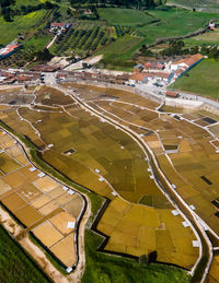 High angle view of soccer field