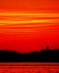Silhouette of bird flying over sea against orange sky
