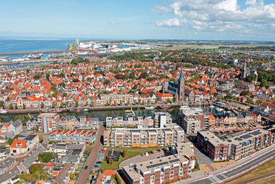 Aerial from the city harlingen at the ijsselmeer in the netherlands