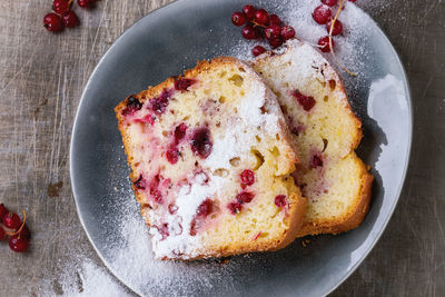 High angle view of cake in plate on table