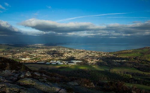 Aerial view of landscape and sea against sky