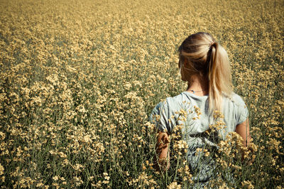 Rear view of woman standing amidst flowering field