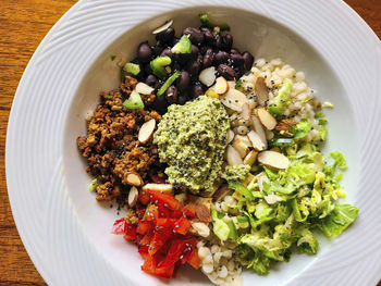 High angle view of food in plate on table