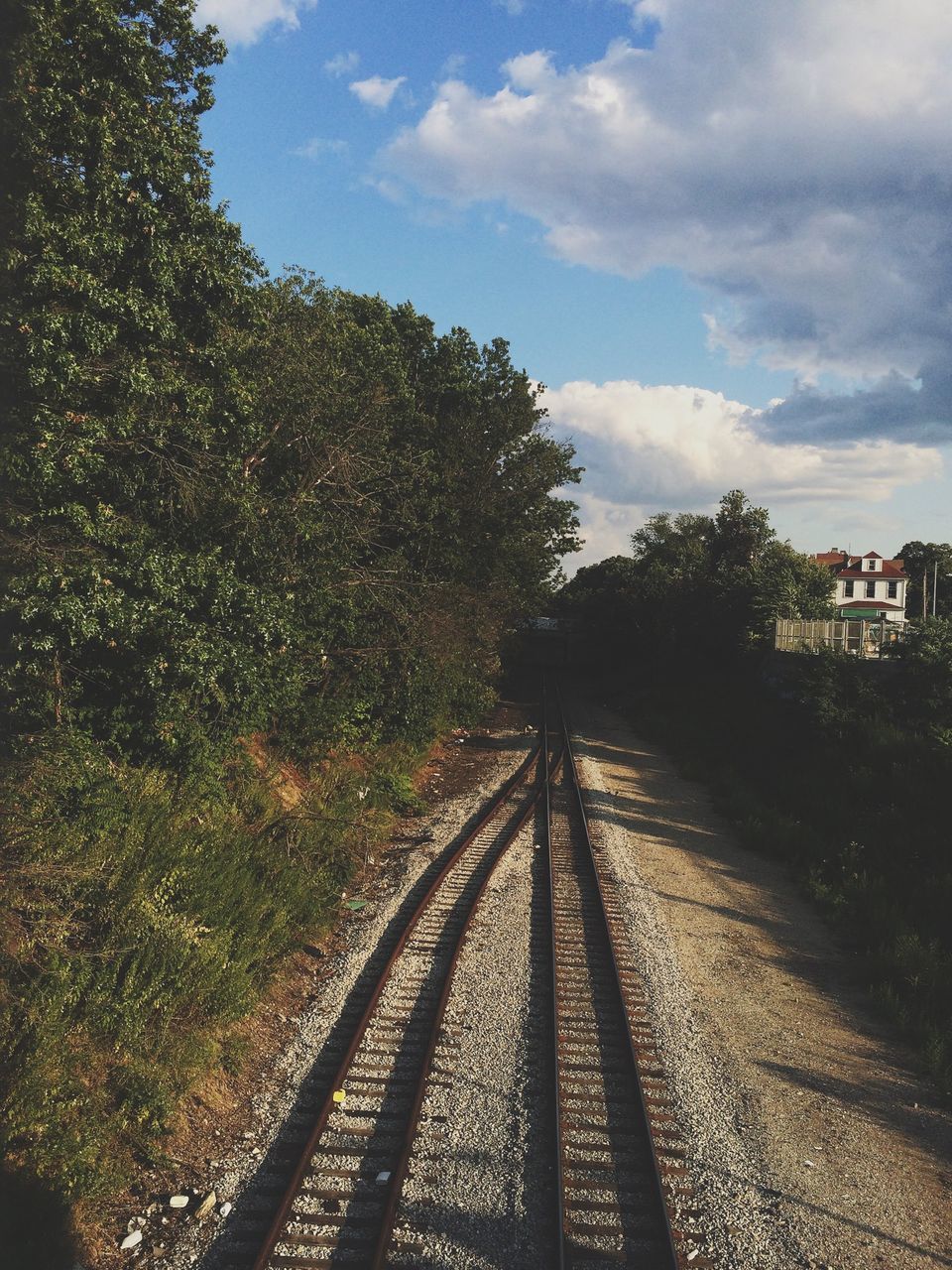 the way forward, railroad track, tree, sky, diminishing perspective, transportation, vanishing point, cloud - sky, rail transportation, growth, day, nature, outdoors, built structure, cloud, no people, cloudy, sunlight, tranquility, plant