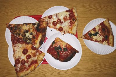 High angle view of pizza on table