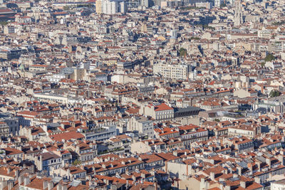 High angle view of houses in town