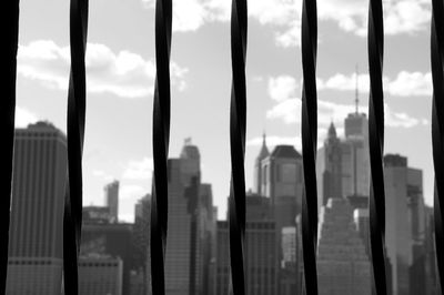 Close-up of buildings against sky seen through glass window