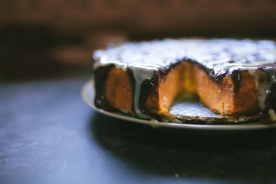 Close-up of cake in plate on table