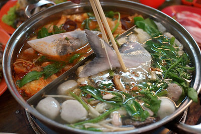 High angle view of soup in bowl on table