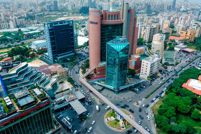 High angle view of street amidst buildings in city