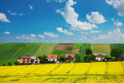 Houses amidst agricultural land against sky