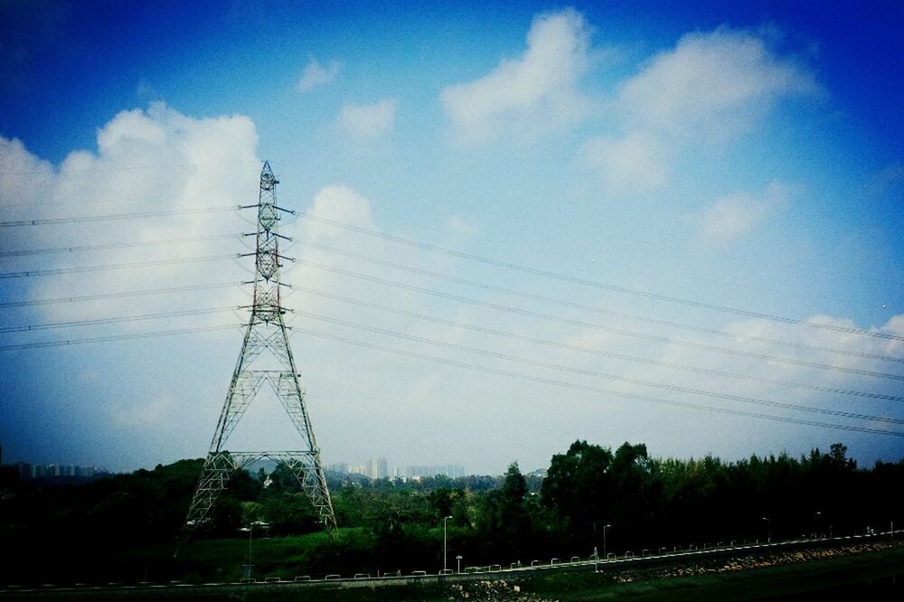 electricity pylon, power line, electricity, power supply, fuel and power generation, connection, sky, cable, landscape, field, technology, blue, tranquility, nature, tranquil scene, tree, cloud - sky, power cable, beauty in nature, scenics