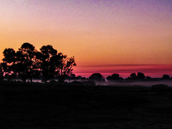 Silhouette trees on landscape against sky during sunset
