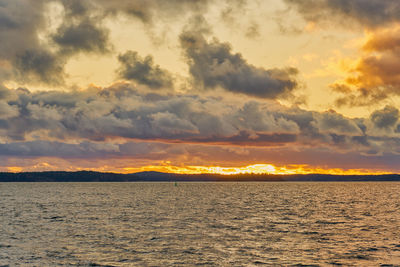 Scenic view of sea against dramatic sky during sunset