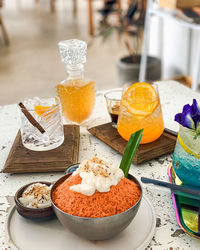 High angle view of dessert in glass on table