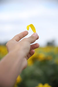Close-up of hand holding yellow flower petal against sky