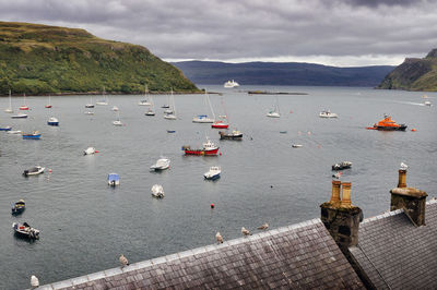 High angle view of sailboats in sea