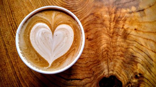 Directly above shot of cappuccino served on table