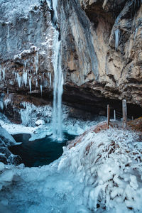 View of frozen waterfall