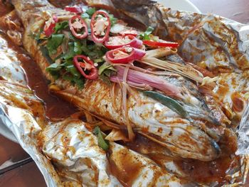 Close-up of fish on table