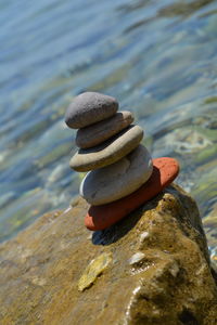 Close-up of stones on rock in sea