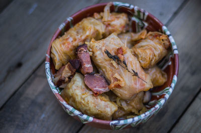 High angle view of meat in bowl on table