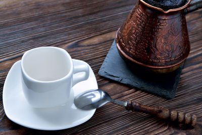 High angle view of coffee on table