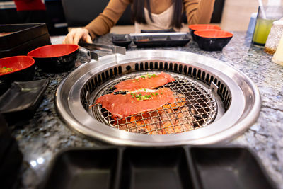 High angle view of preparing food in restaurant