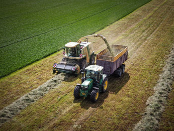 High angle view of tractor on agricultural field