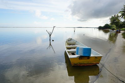 Ship in lake against sky