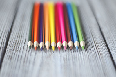 High angle view of colored pencils on table