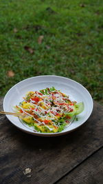 High angle view of meal served on table