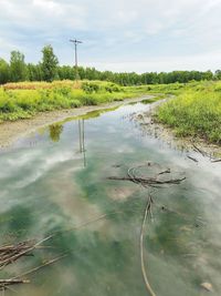 Stream by field against sky