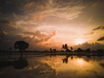 Scenic view of lake against sky during sunset