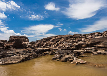 Rock formations by sea against sky