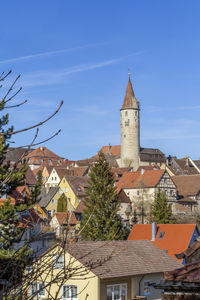 Houses and buildings against blue sky