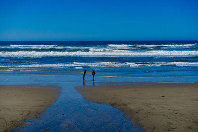 Man on beach against blue sky