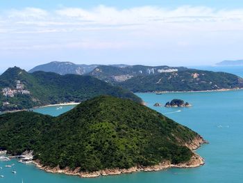 High angle view of bay against sky