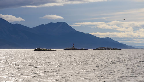 Scenic view of sea and mountains against sky